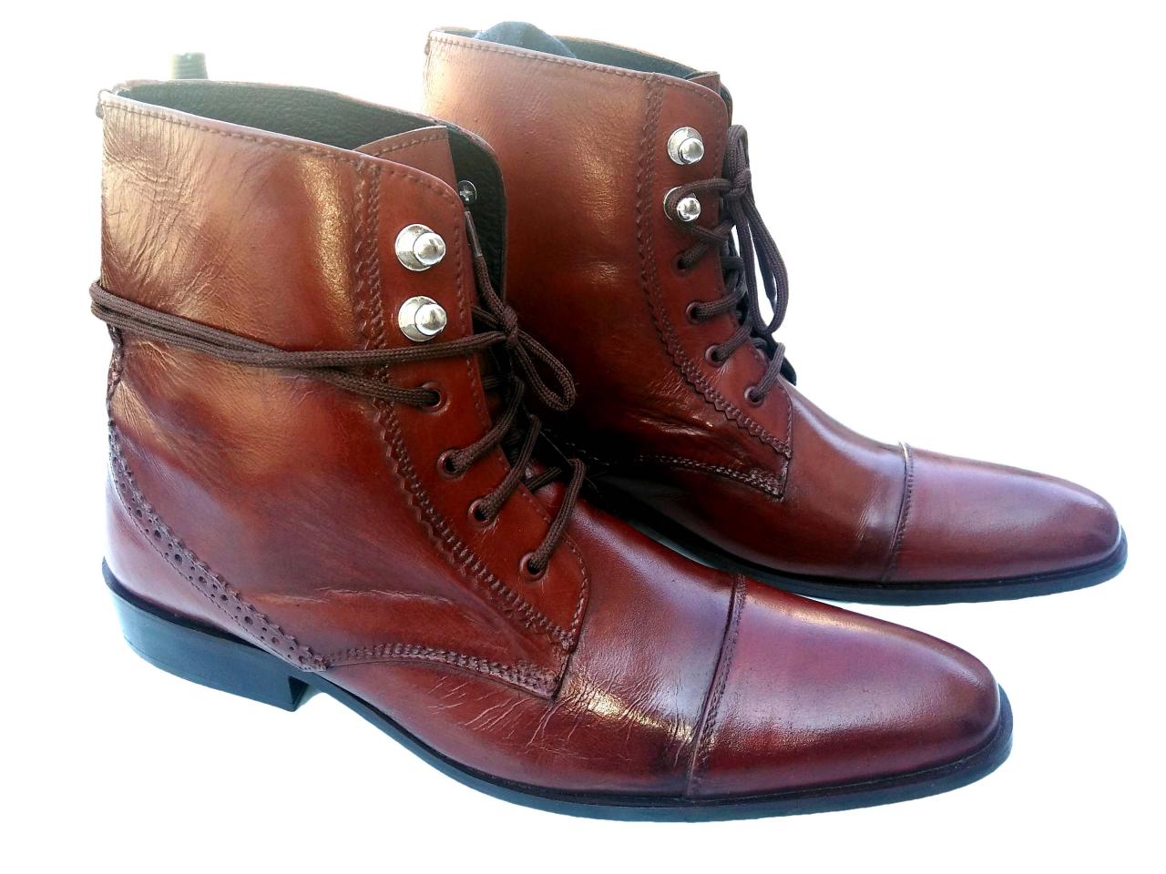 HANDMADE MEN'S BROWN LEATHER LACE-UP BOOTS, ANKLE HIGH MENS LEATHER